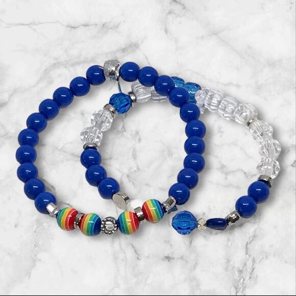 Friendship Bracelet Set Colorful Rainbow Acrylic Beaded Stretch Blue Clear - Picture 1 of 4